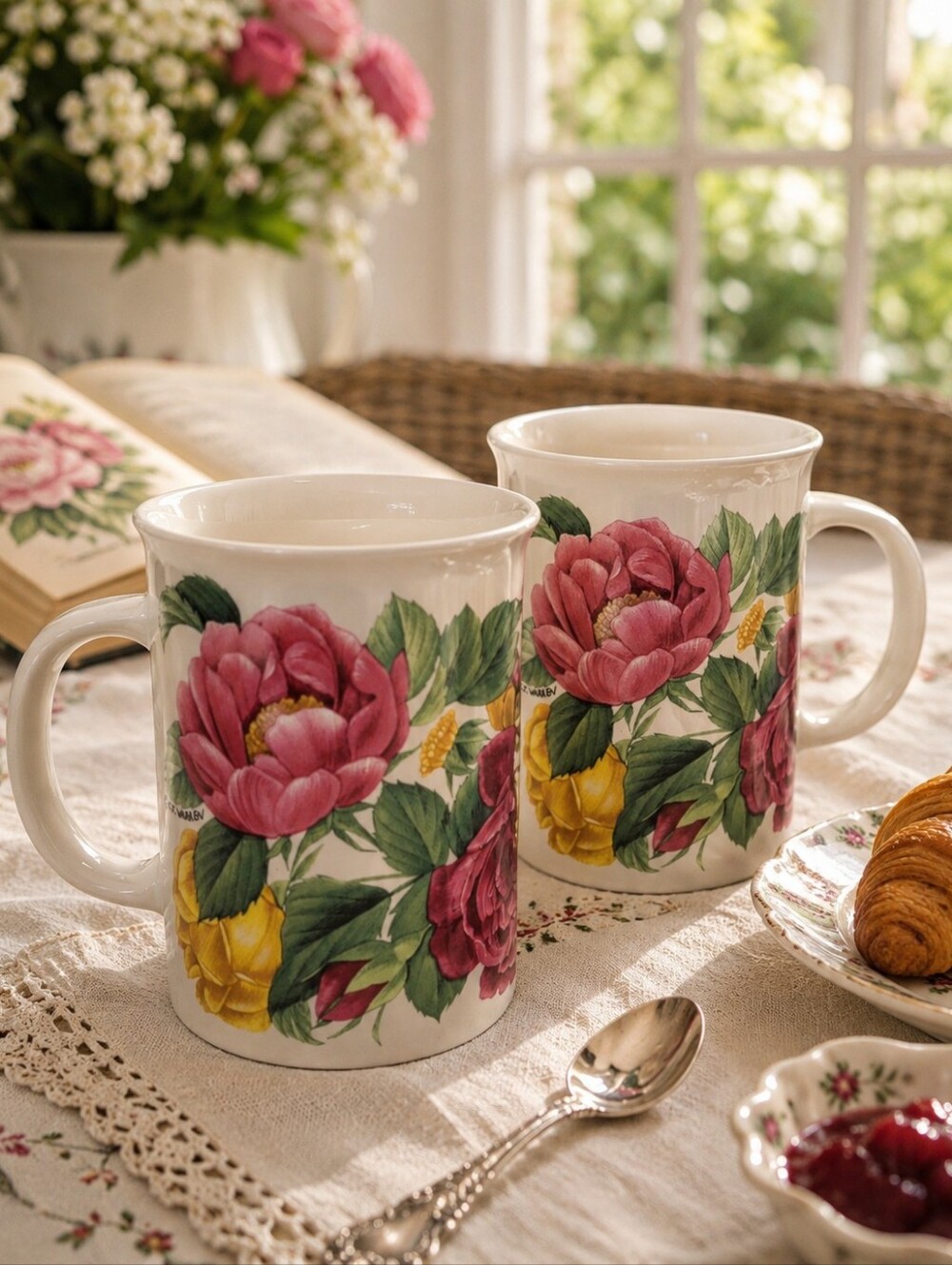 Vintage Otagiri Cabbage Rose Floral Mugs Set of 2 Cottagecore Korea